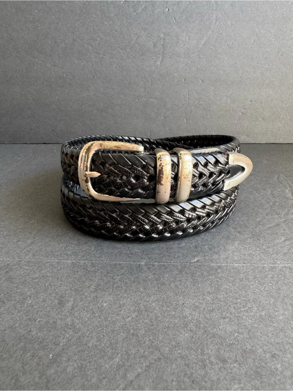 Vintage Black Woven Leather Belt Braided Silver Tone Buckle Unisex Mens 38